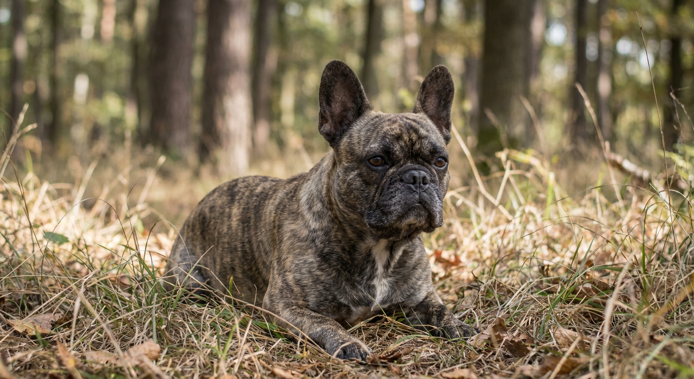 Fawn French Bulldog sitting on a soft rug in a modern apartment