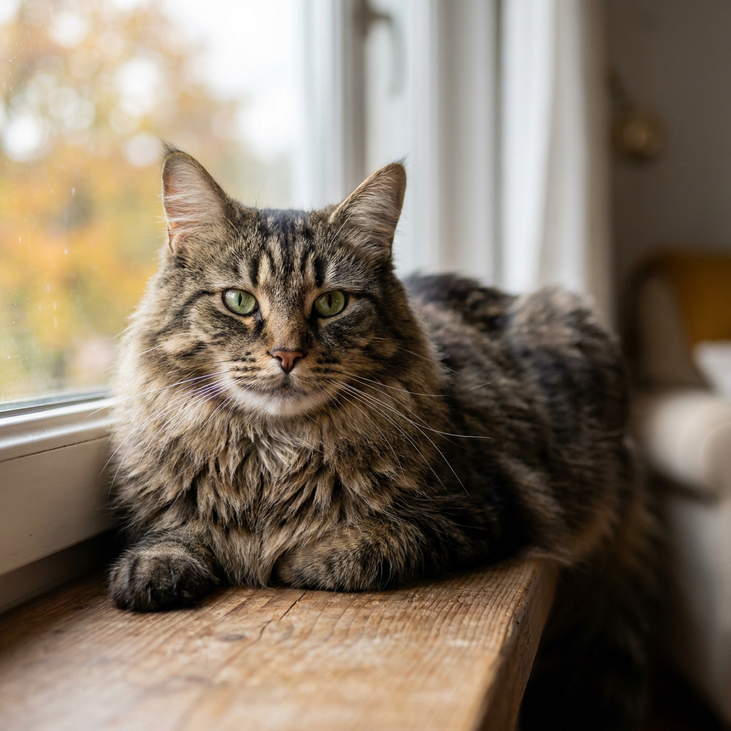 Brown tabby Maine Coon cat sitting on a sunlit wooden porch