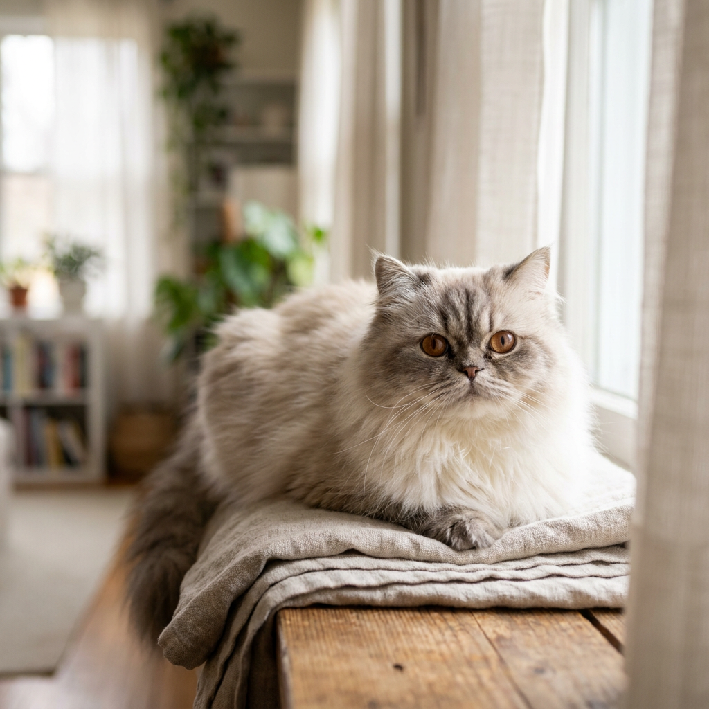 Silver Persian cat with a long flowing coat sitting on a velvet armchair