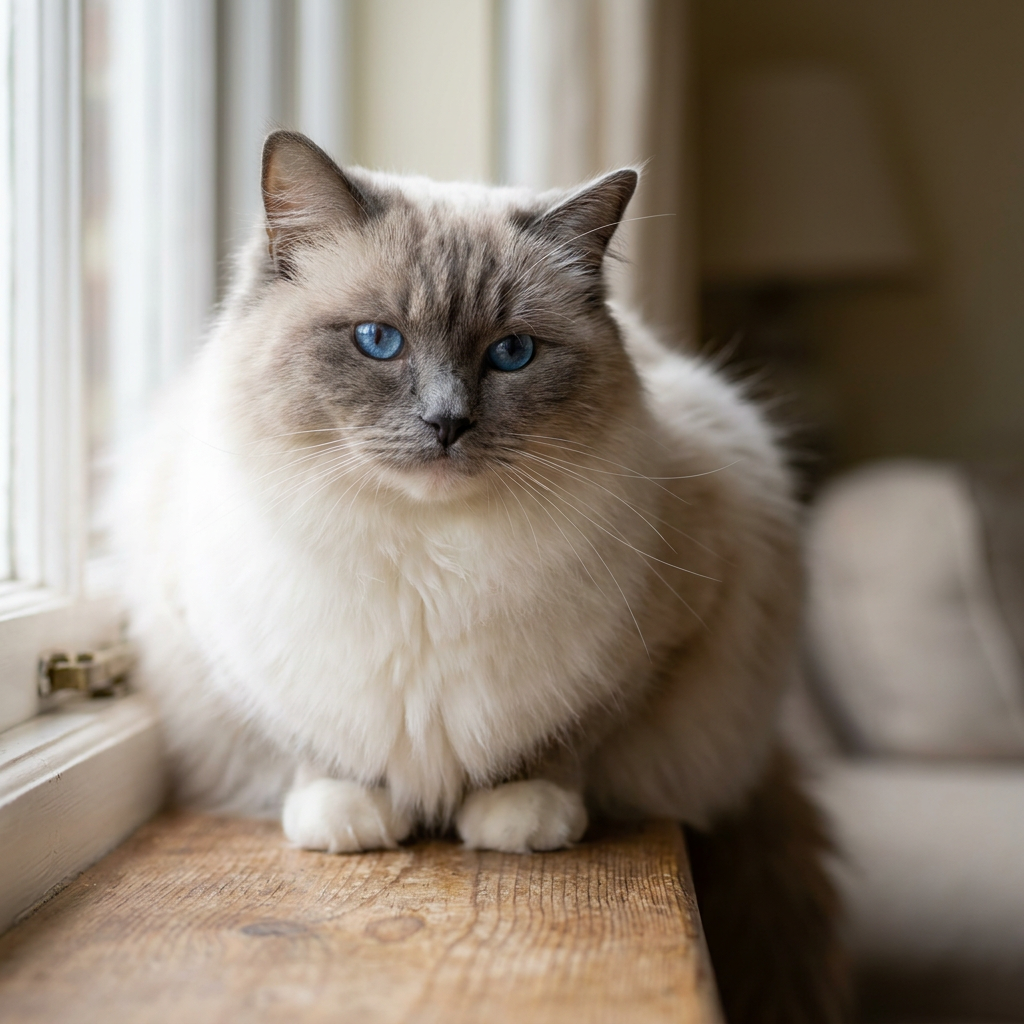 Seal-point Ragdoll cat with bright blue eyes lying relaxed on a white linen bed