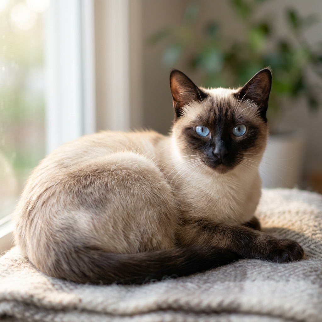 Seal-point Siamese cat with sleek cream coat and bright blue almond eyes sitting on a hardwood floor