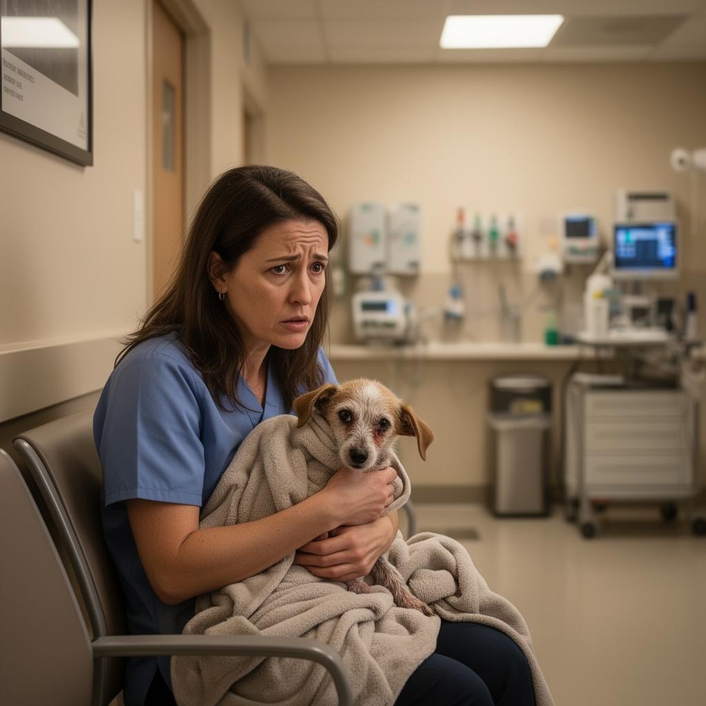 Pet owner in a veterinary emergency room with an injured dog