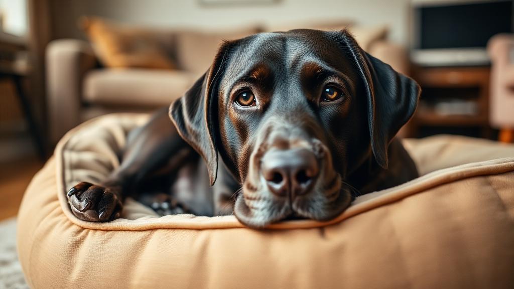 Senior chocolate labrador resting on an orthopedic bed with gentle tired eyes