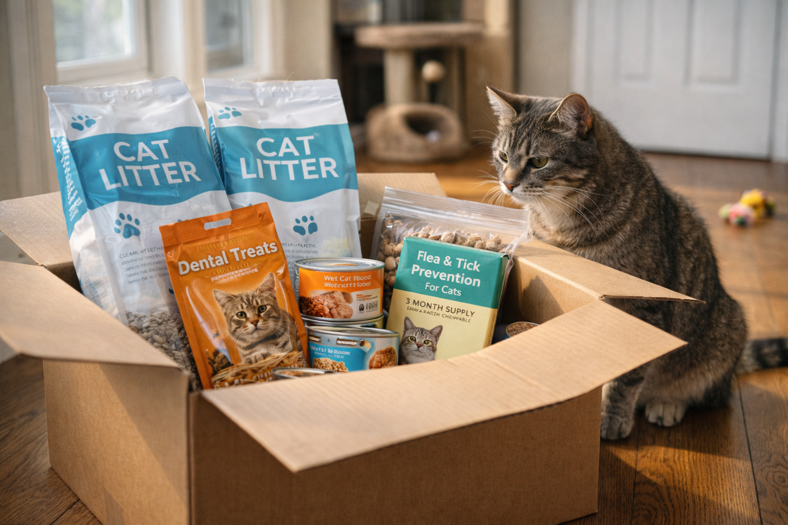 Organized cat care supplies including litter, food, and treats on a shelf