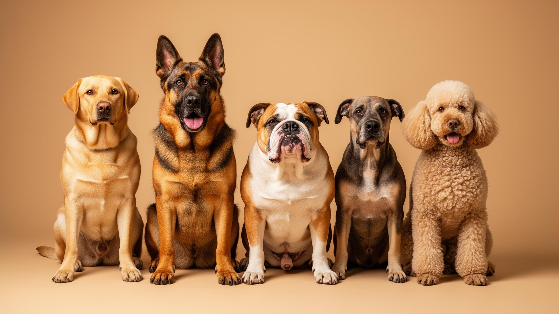 Various dog breeds sitting together representing breed diversity and health