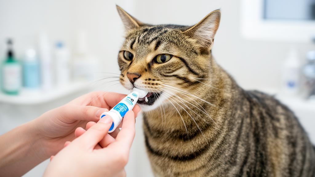 Owner brushing a tabby cat's teeth with a pet-safe toothbrush