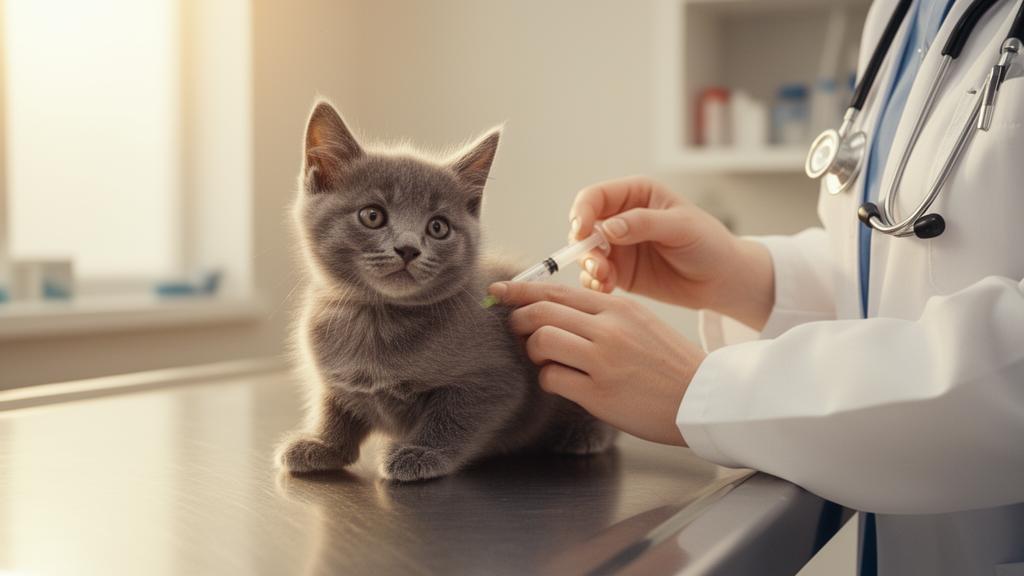 Veterinarian administering a vaccine to a calm gray kitten