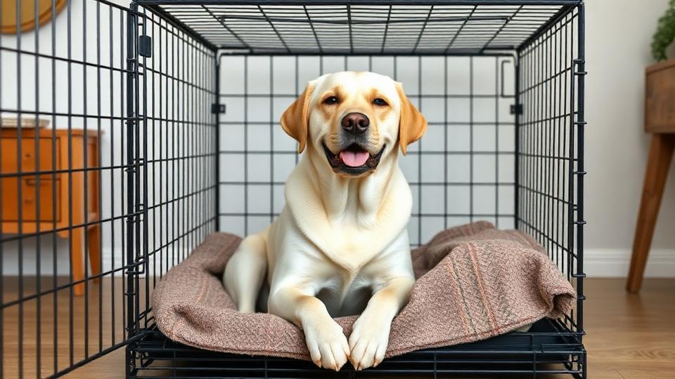 Happy labrador sitting comfortably inside an open wire crate