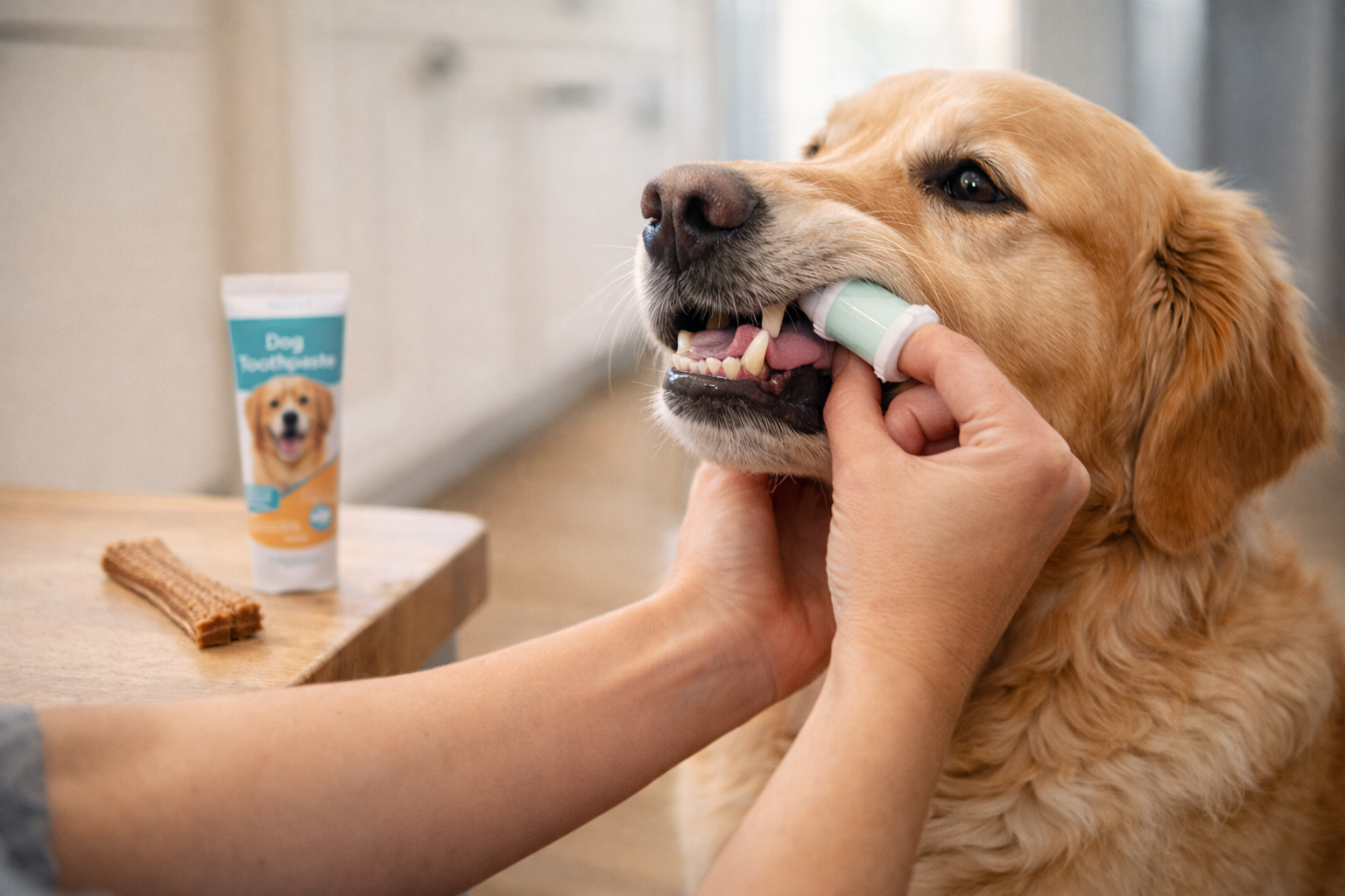 Owner brushing a golden retriever's teeth with a pet toothbrush
