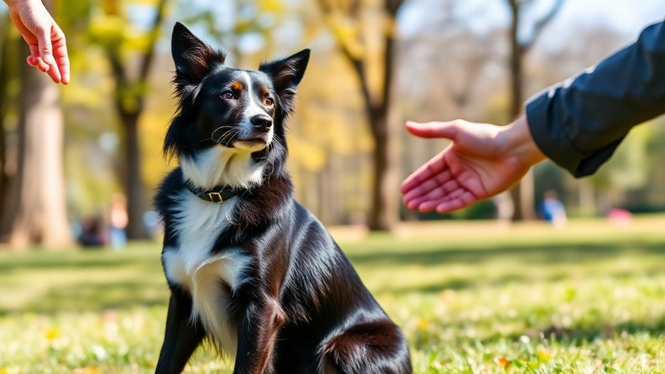 Border collie performing a sit-stay command in a sunny park