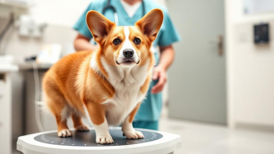 Corgi standing on a veterinary scale during a weight check