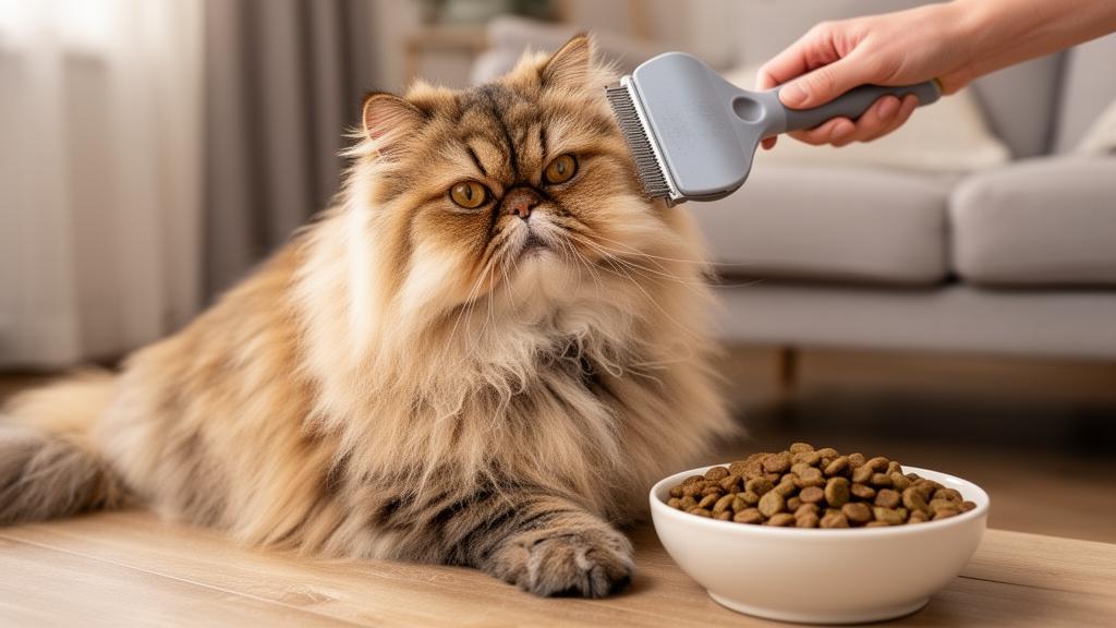 Long-haired Persian cat being groomed with a brush next to fiber-rich food