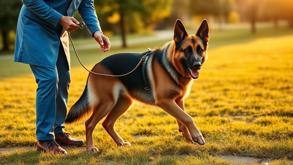German shepherd walking with its owner at golden hour