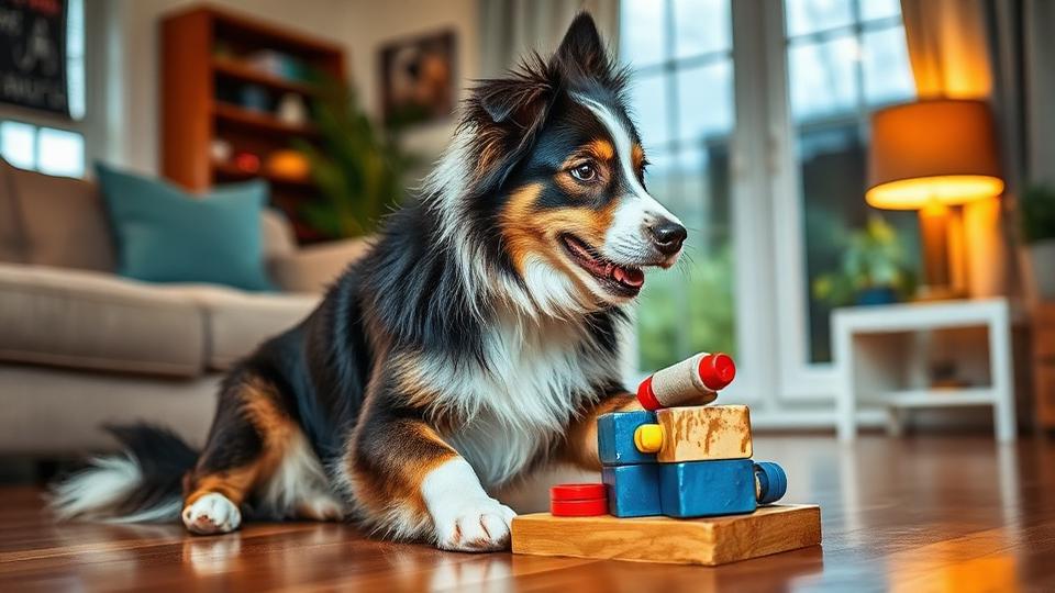 Australian shepherd playing with a puzzle toy indoors