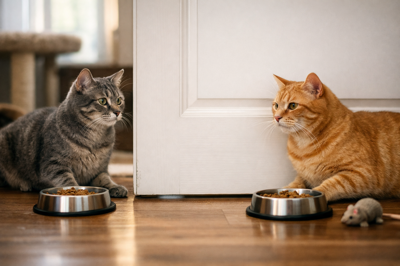Two cats sniffing each other through a baby gate during a slow introduction