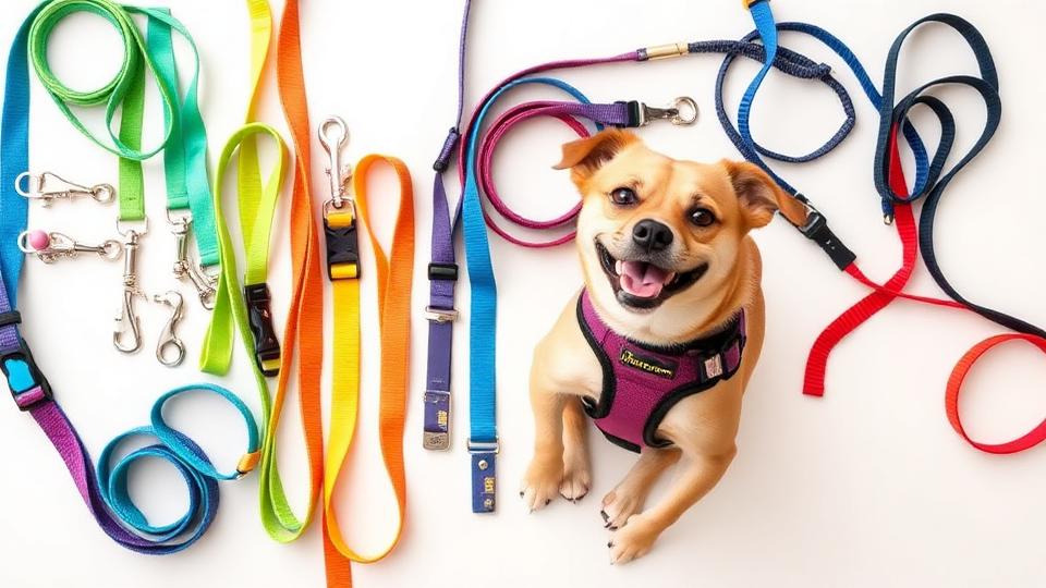Colorful dog leashes, collars, and harnesses with a happy dog wearing a harness