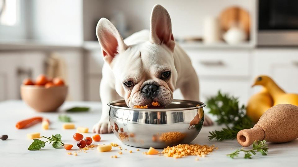 French bulldog eating from a bowl with wholesome simple ingredients