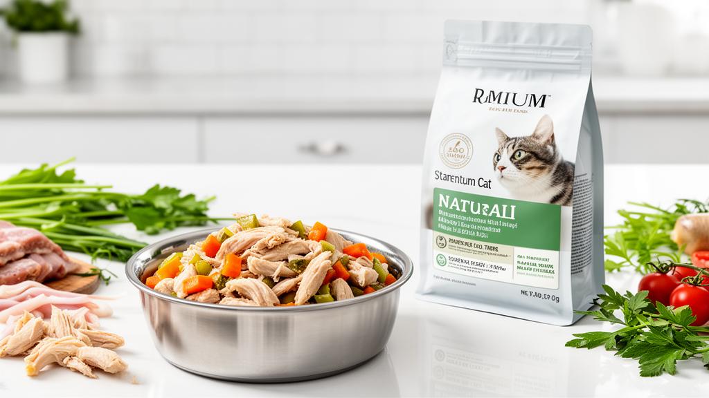 Premium natural cat food with visible real protein ingredients