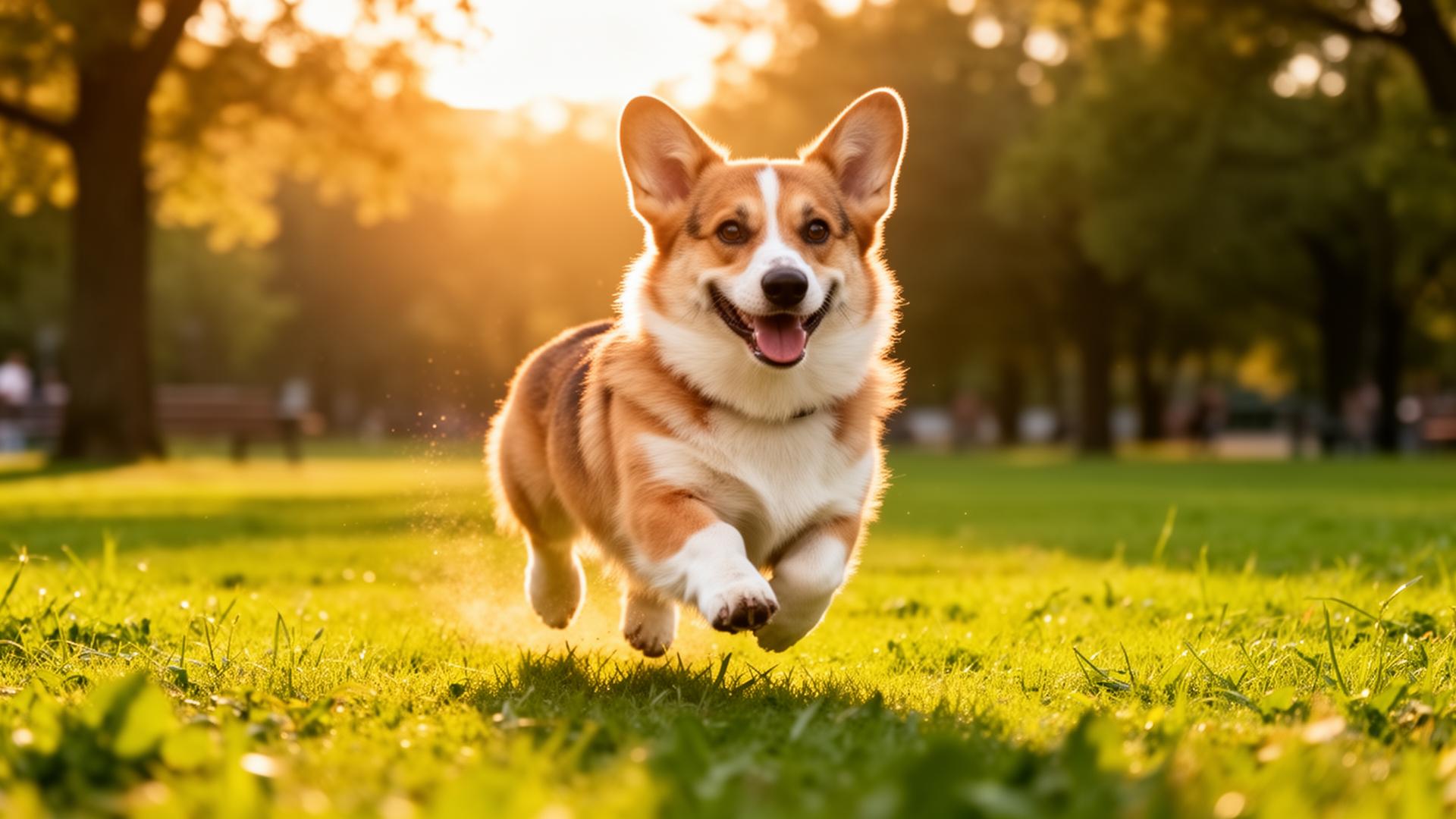 Happy corgi running in a sunny park