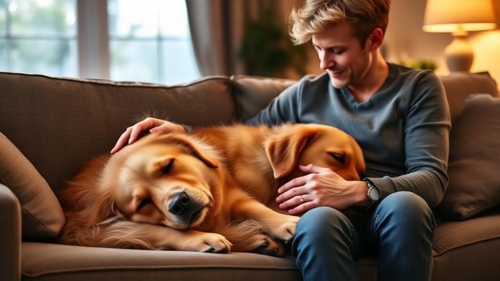 Pet owner monitoring their sleeping dog's breathing on a couch