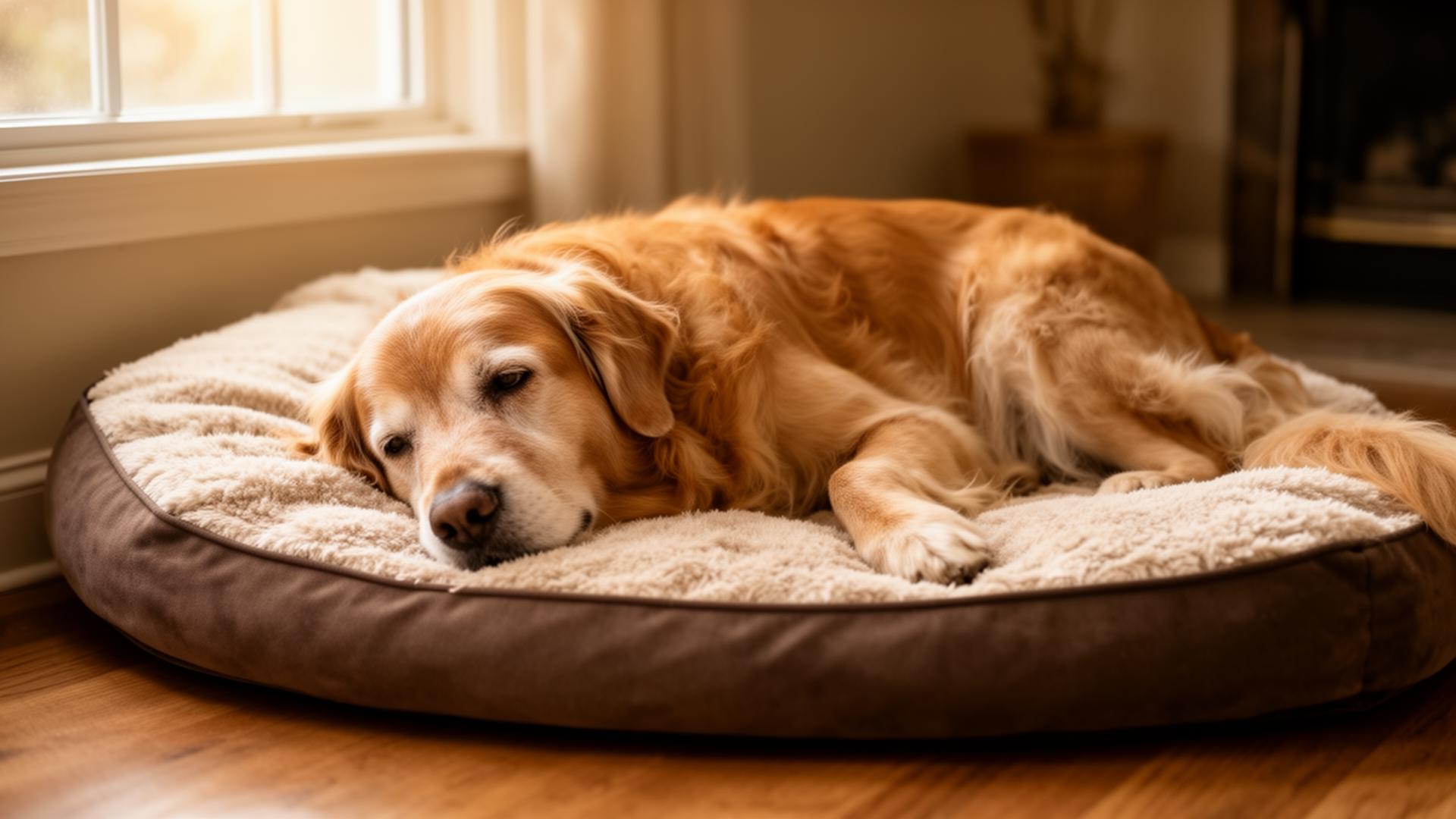 Senior golden retriever resting on a cozy dog bed