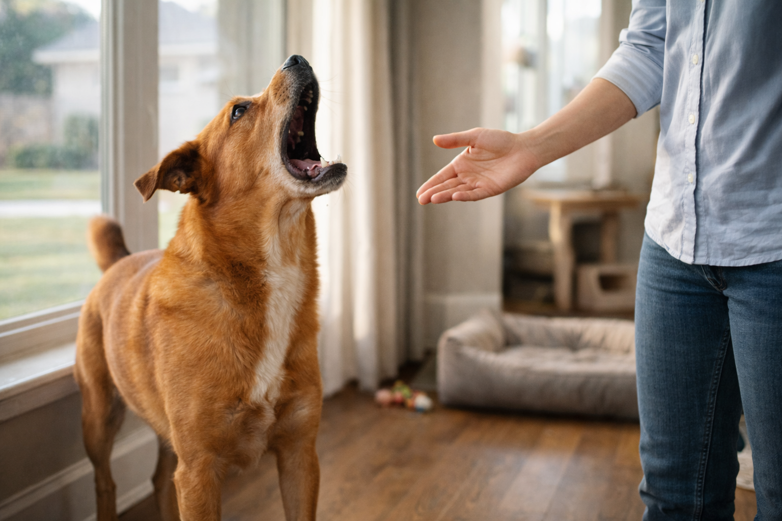 Small terrier barking at the front door with alert posture