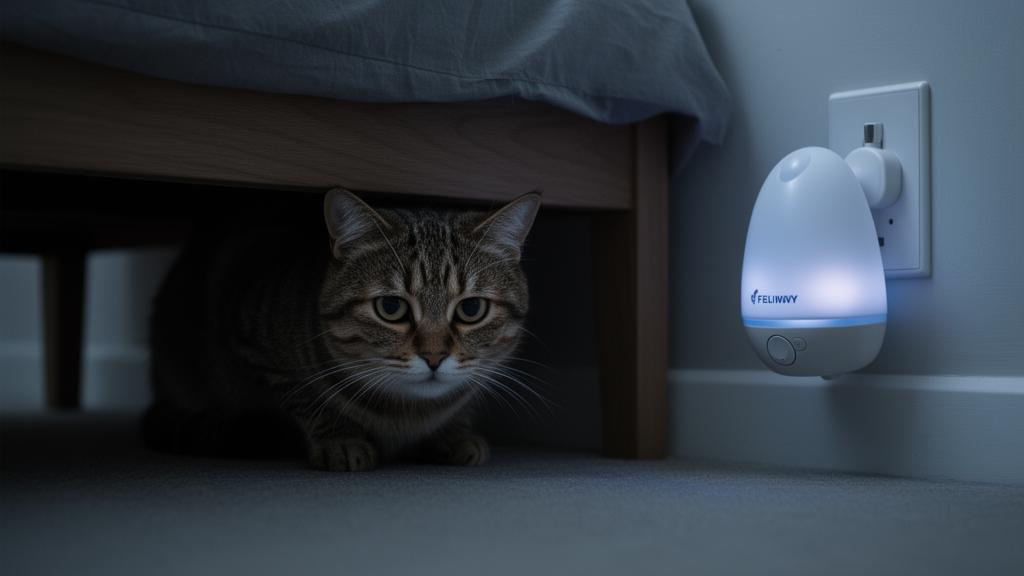 Anxious cat hiding under a bed with calming pheromone diffuser nearby