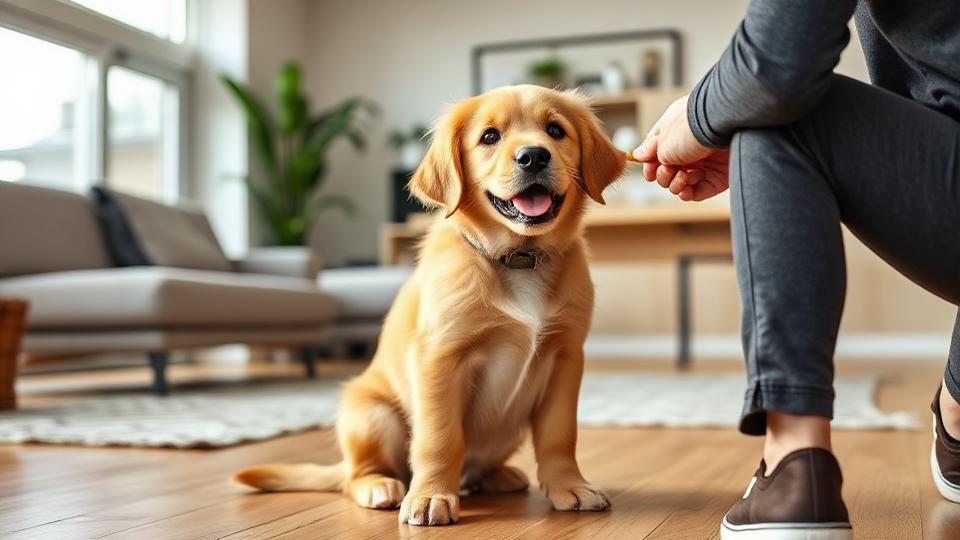 Golden retriever puppy sitting attentively during a training session