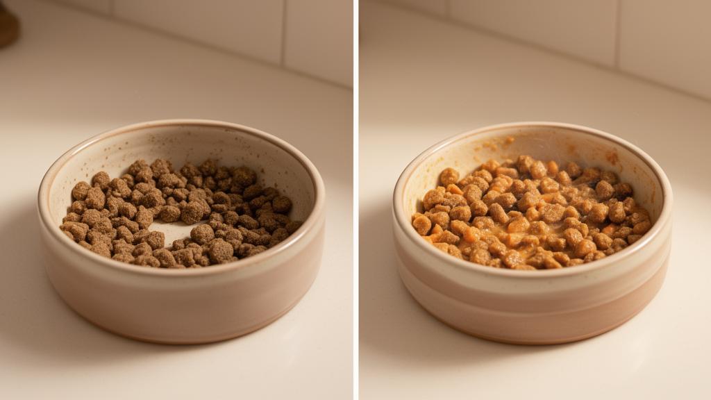 Two cat food bowls showing a gradual transition from old to new food