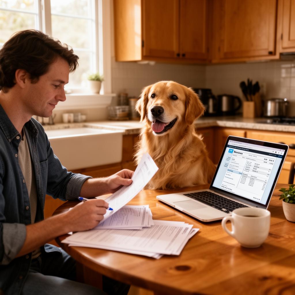 Pet owner reviewing pet insurance paperwork with a golden retriever