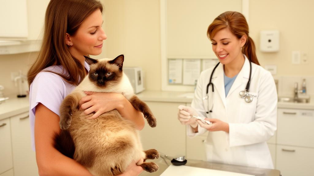 Cat owner holding a calm cat in a veterinary examination room