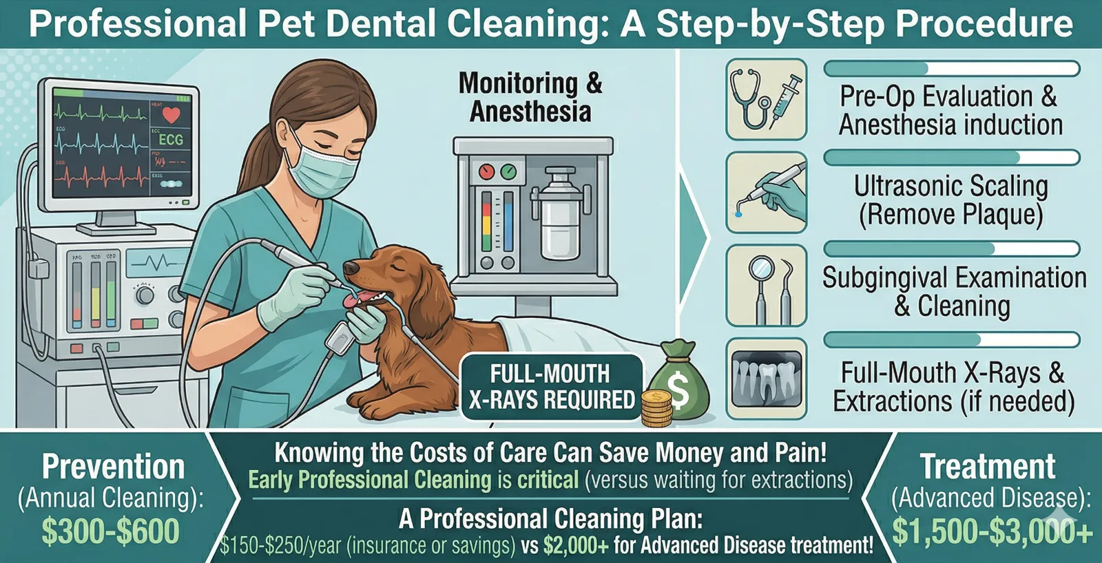 Infographic showing the step-by-step professional pet dental cleaning procedure — pre-op evaluation, ultrasonic scaling, subgingival examination, and full-mouth X-rays with cost comparison
