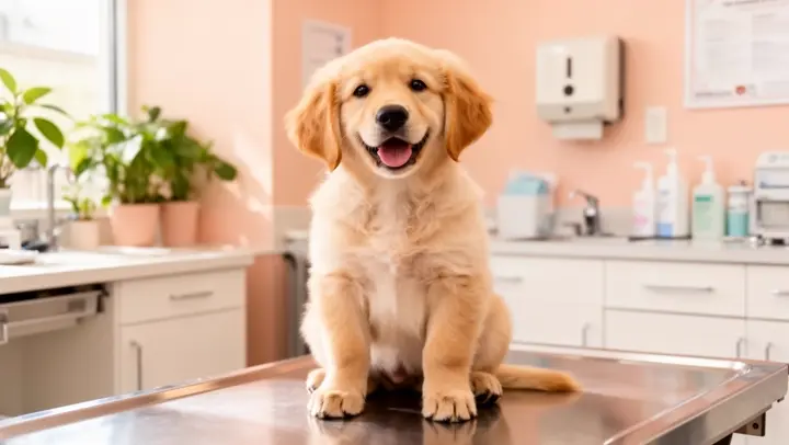 Golden retriever puppy at a veterinary clinic